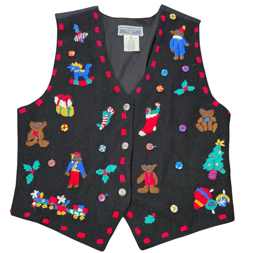Vintage Erika Classics Wool Blend Christmas Vest Womens Size S Black Embroidered